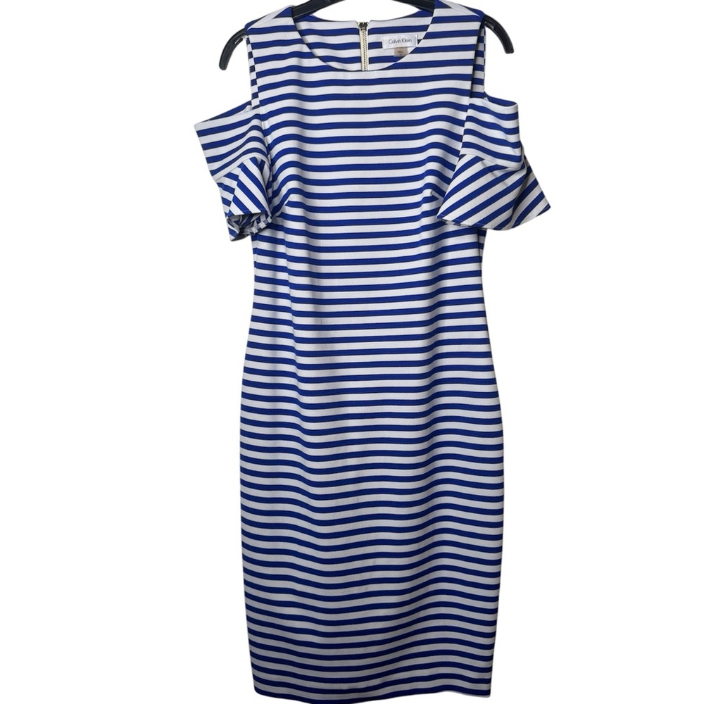 Calvin Klein Navy and White Striped Midi Dress